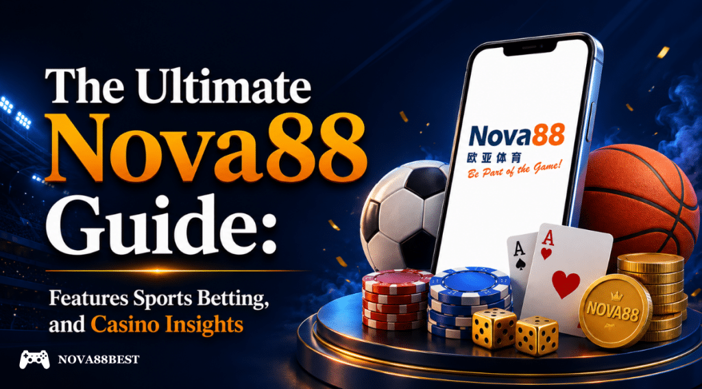 A cinematic Nova88 promotional banner featuring bold Georgia-style typography on the left and a sleek 3D casino-sports display on the right. The design includes a smartphone with the Nova88 logo on a white screen, surrounded by poker chips, dice, playing cards, a soccer ball, basketball, and gold coins against a dark blue glowing background.