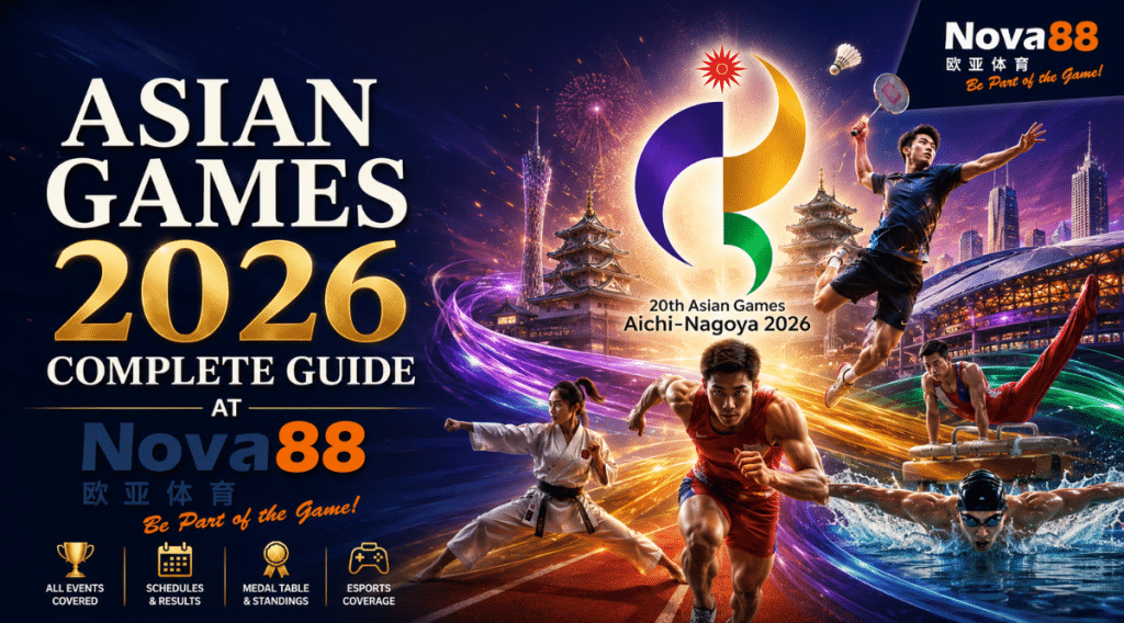 Asian Games 2026 Complete Guide at Nova88 featuring the official Asian Games Aichi-Nagoya 2026 logo, 3D athletes, and sports event coverage.