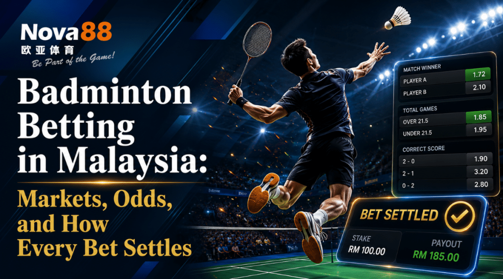 Badminton Betting in Malaysia guide featuring a badminton player, live betting odds interface, and Nova88 logo in a 3D sportsbook-themed design.