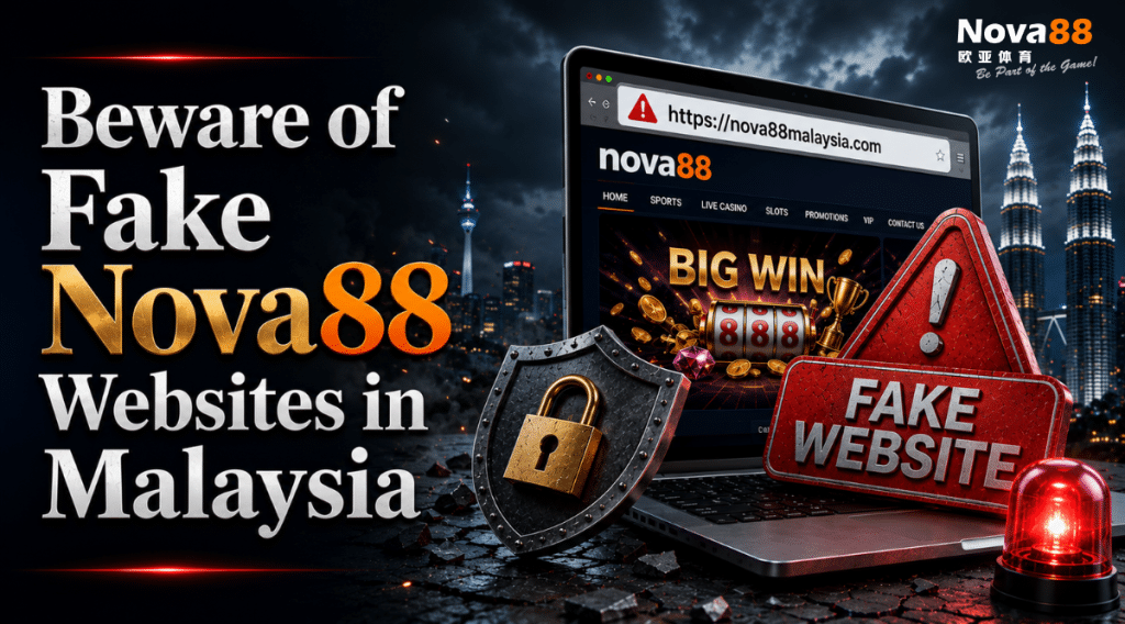 Beware of Fake Nova88 Websites in Malaysia banner showing a fake gambling website warning, security shield, laptop displaying a suspicious website, and Kuala Lumpur skyline.