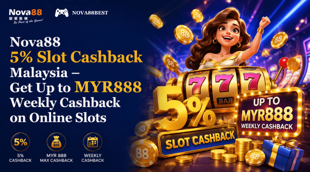 Nova88 5% Slot Cashback Malaysia promotion banner featuring a 5% weekly cashback bonus up to MYR888 with online slot machine, casino coins, and cashback rewards.