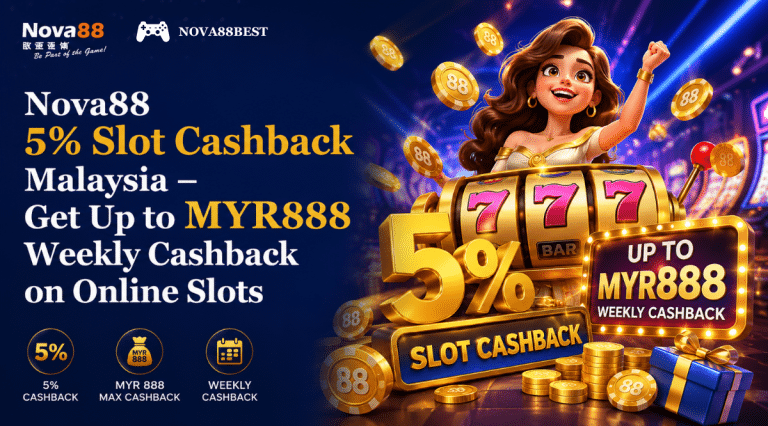 Nova88 5% Slot Cashback Malaysia promotion banner featuring a 5% weekly cashback bonus up to MYR888 with online slot machine, casino coins, and cashback rewards.