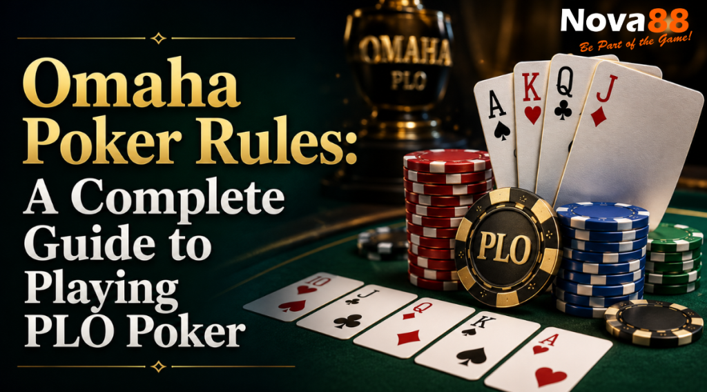 Epic 3D Omaha Poker graphic featuring poker chips, four hole cards and community cards on a green poker table, with the title “Omaha Poker Rules: A Complete Guide to Playing PLO Poker” displayed on the left.