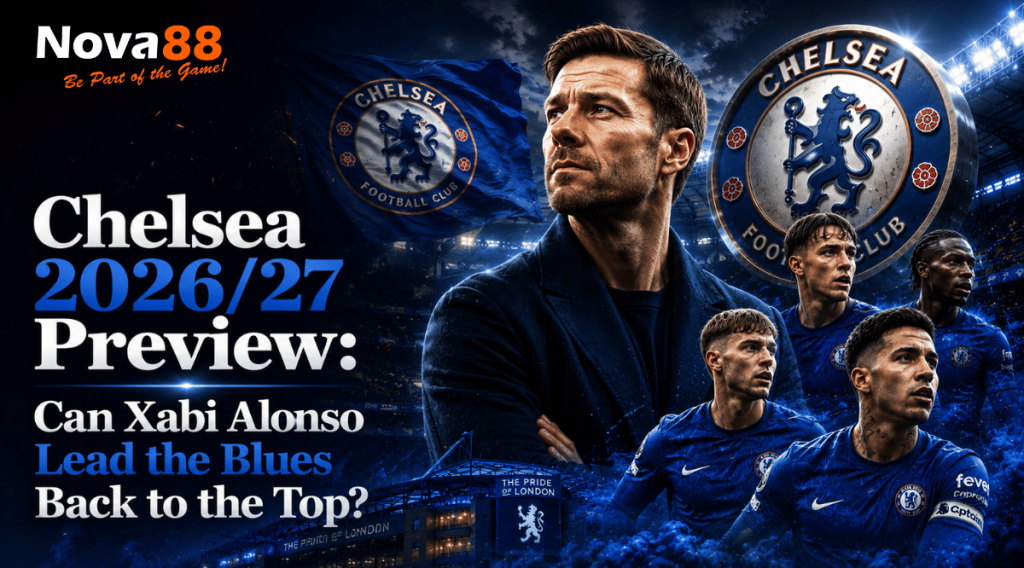 Chelsea 2026/27 season preview featuring Xabi Alonso and Chelsea players at Stamford Bridge.