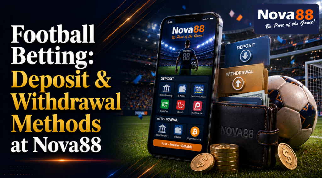 Nova88 Football Betting: Deposit & Withdrawal Methods banner featuring a bold Georgia-style title on the left and a premium 3D illustration of a mobile betting app, digital wallet, payment cards, coins, and a football inside a floodlit stadium on the right.