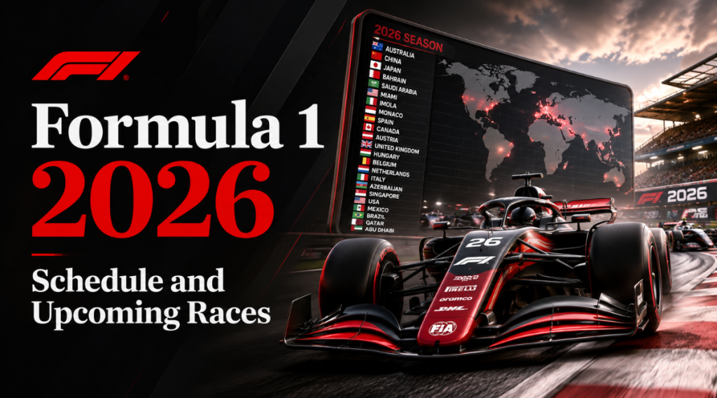 Epic 3D Formula 1 2026 racing graphic featuring a high-speed F1 car on track, with the title “Formula 1 2026: Schedule and Upcoming Races” displayed prominently on the left.