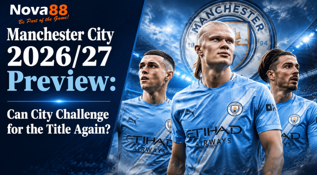 Manchester City 2026/27 season preview featuring Erling Haaland, Phil Foden and Jack Grealish in Manchester City kits with an epic stadium background.