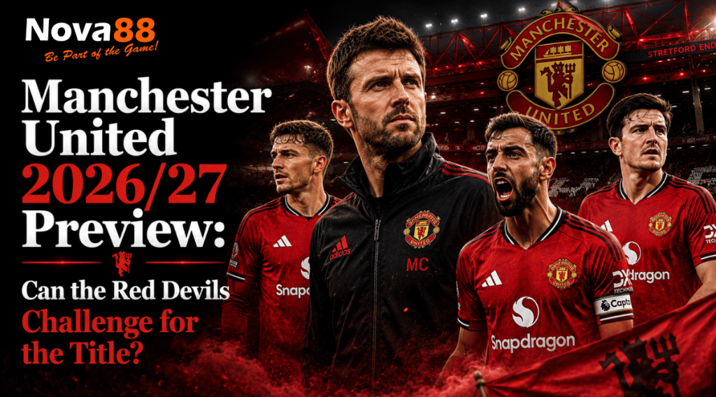 Manchester United 2026/27 season preview featuring Michael Carrick, Bruno Fernandes, Mason Mount and Harry Maguire at Old Trafford.
