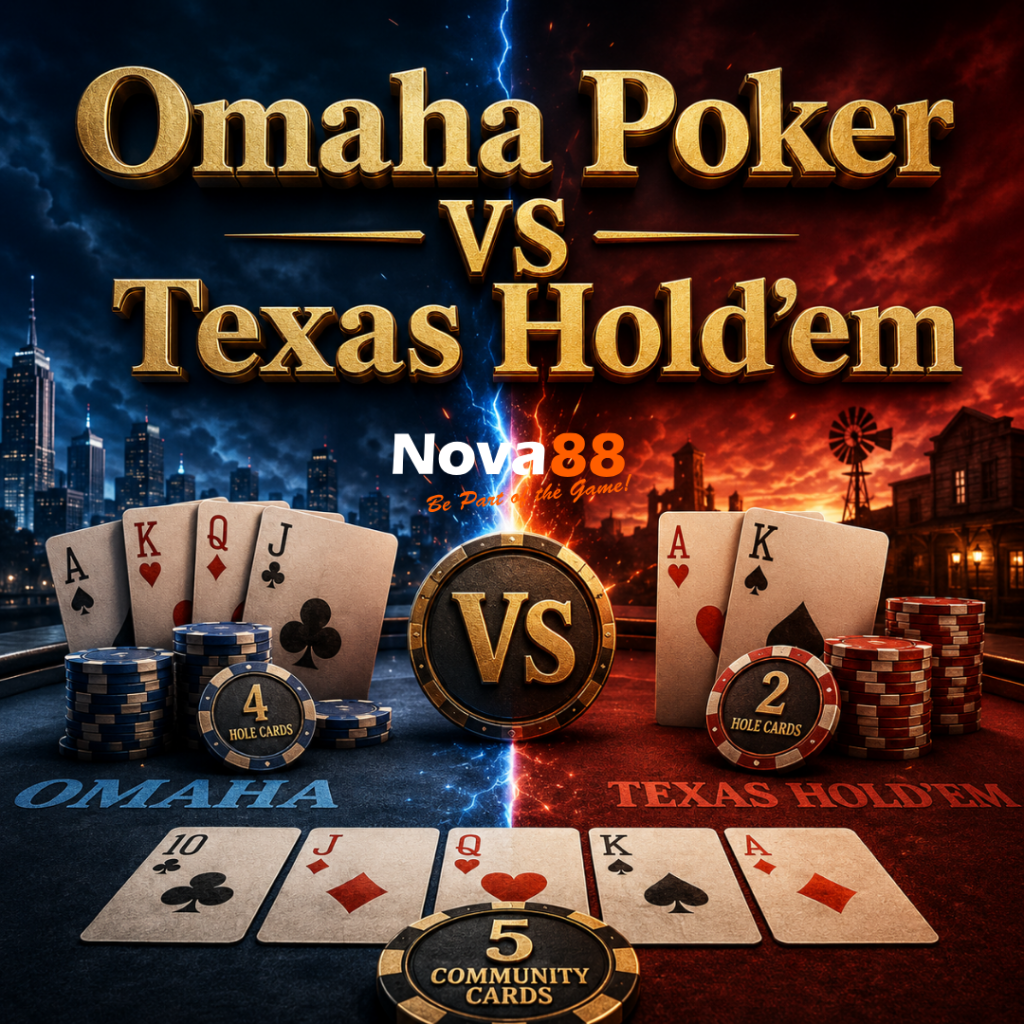 Omaha Poker vs Texas Hold’em comparison showing four Omaha hole cards, two Texas Hold’em hole cards, poker chips and five community cards.