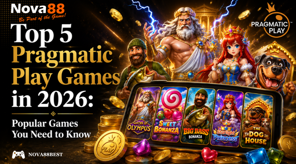 Top 5 Pragmatic Play Games in 2026 featuring Gates of Olympus, Sweet Bonanza, Big Bass Bonanza, Starlight Princess, and The Dog House.