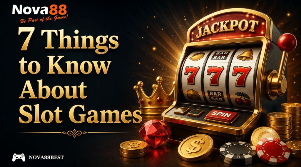 7 Things to Know About Slot Games – 3D slot machine with jackpot symbols, coins and casino gaming elements