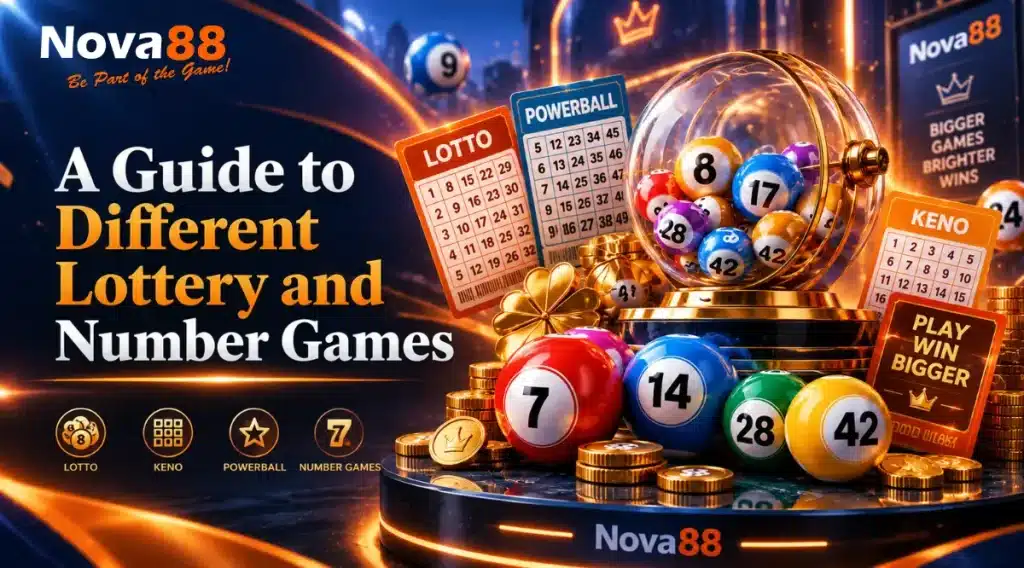 Nova88 guide to different lottery and number games featuring Lotto, Keno, Powerball and numbered lottery balls