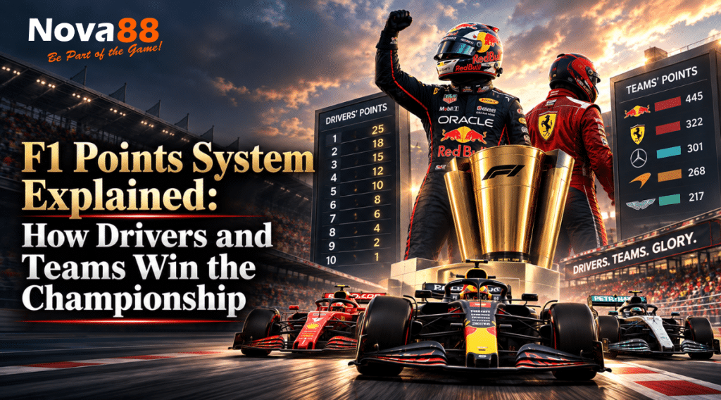 F1 points system explained with Formula 1 drivers, race cars, championship trophy and team standings