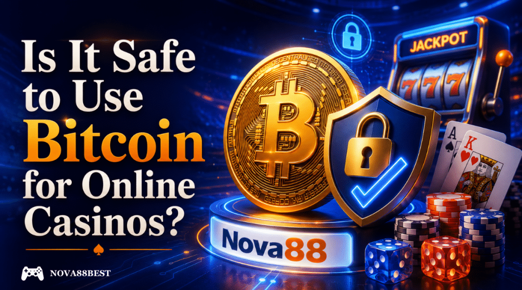 Is It Safe to Use Bitcoin for Online Casinos? – Nova88 3D Bitcoin casino security concept featuring Bitcoin, a security shield, slot machine, poker chips, cards and dice.