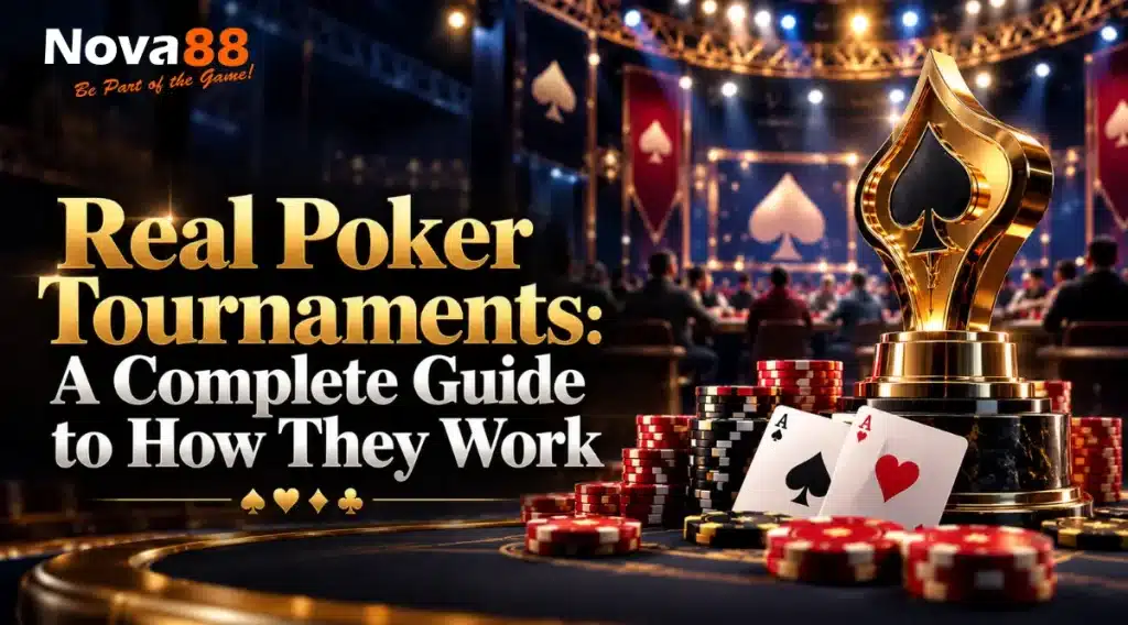 Real poker tournaments guide in Malaysia with poker cards, chips and tournament trophy