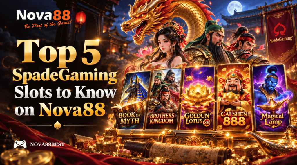 Top 5 SpadeGaming slots on Nova88 featuring Book of Myth, Brothers Kingdom, Goldun Lotus SE, Cai Shen 888 and Magical Lamp.