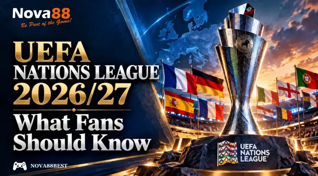 UEFA Nations League 2026/27 trophy with European flags and stadium background – What Fans Should Know
