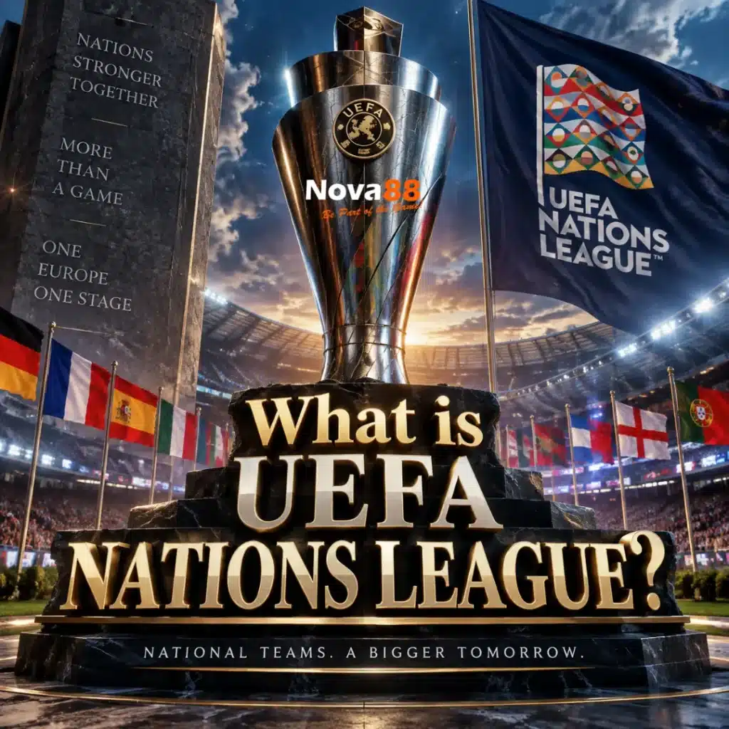 What is UEFA Nations League? Nova88 football guide explaining the UEFA Nations League international football competition with trophy and stadium background