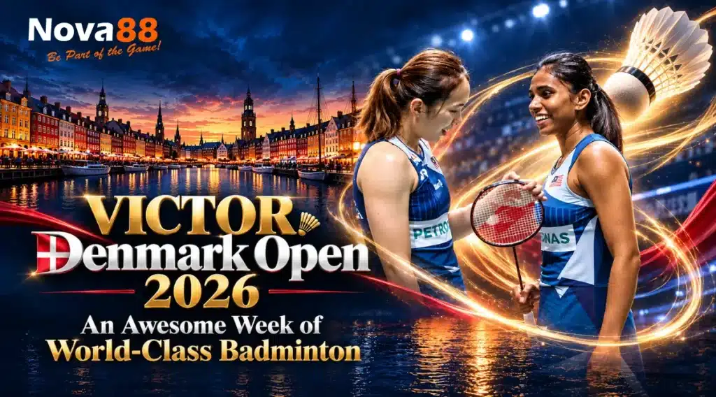 Pearly Tan and M. Thinaah featured in the VICTOR Denmark Open 2026 badminton tournament poster.